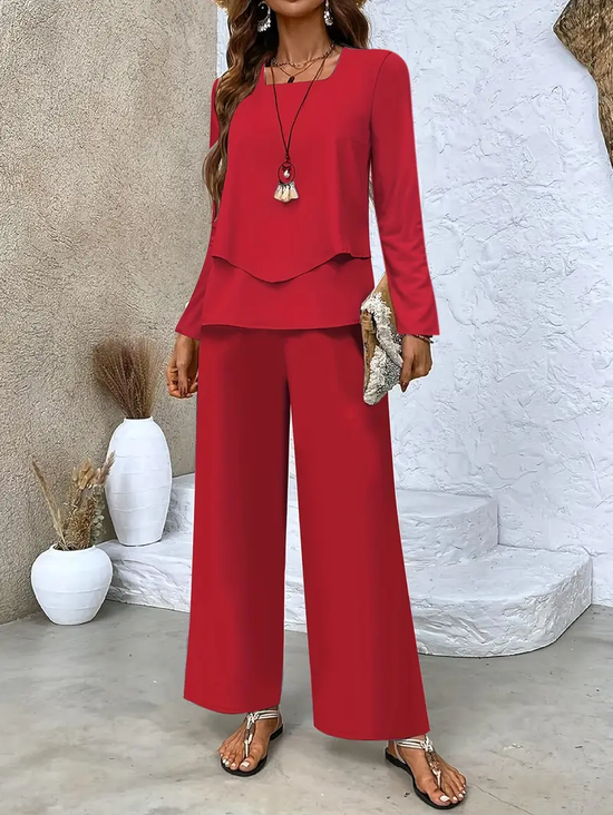 Deux Pièces Ensembles Simple Plain Printemps / Automne Col Carré Micro-élasticité Quotidien Manches Longues Droit Régulier pour Femmes