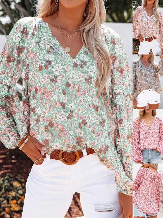 Chemises Femmes Féminin Floral Printemps / Automne Polyester Col V Joint Fendu Manche Ballon Droit Régulier