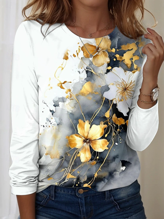 T-shirts Simple Floral Printemps / Automne Faire la navette Ample Manches Longues Col Rond Régulier Droit pour Femmes