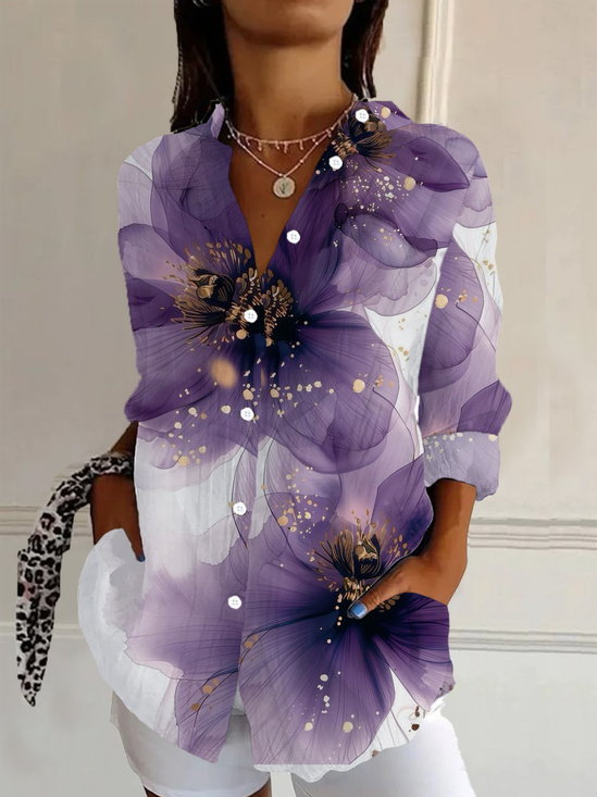 Chemises Décontracté Floral Printemps / Automne Aucune élasticité Régulier Boucle Régulier Manches régulières Col de Chemise pour Femmes