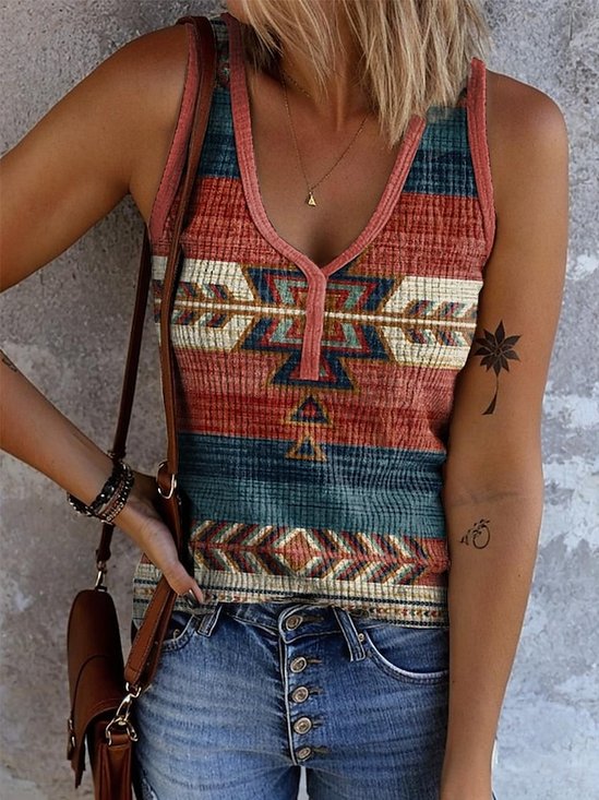 Top Débardeur Tops Ethnique Décontracté Été Polyester Col V Micro-élasticité Quotidien Sans Manches Régulier pour Femmes