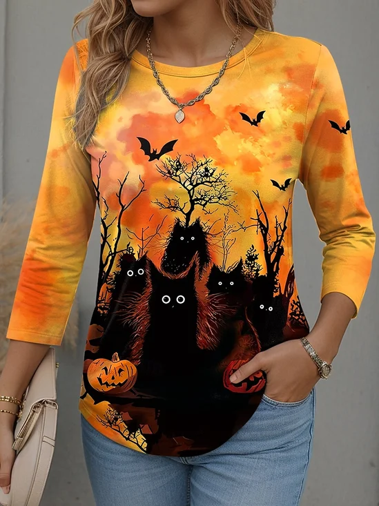 T-shirts Simple Printemps / Automne Toussaint Aucune élasticité Manches Longues Col Rond Régulier Droit Régulier pour Femmes