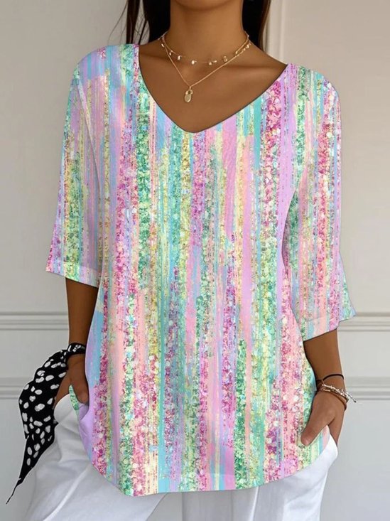 T-shirts Ombre Décontracté Printemps / Automne Micro-élasticité Vacances Coupe Régulière Manches trois quarts Col Rond Régulier pour Femmes