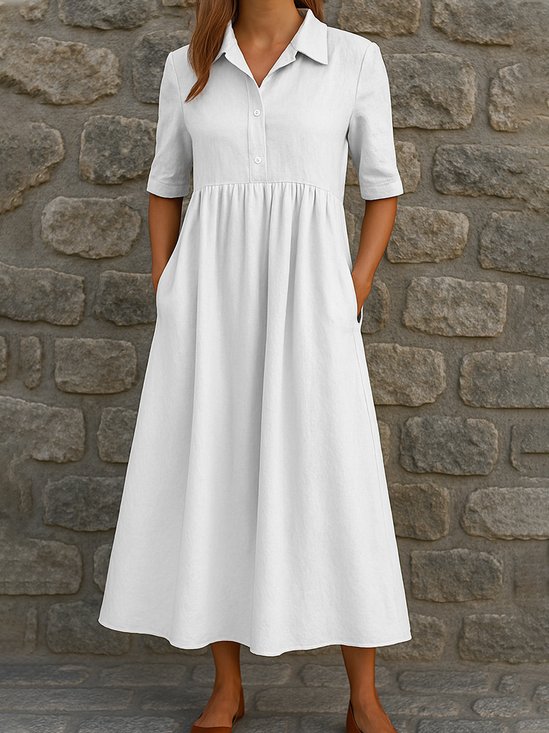 Femmes Plain Blanc Col de Chemise Confortable Robe Maxi Décontracté
