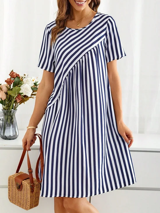 Femmes Rayé Bleu Col Rond Confortable Robe Mi-Longue Décontracté