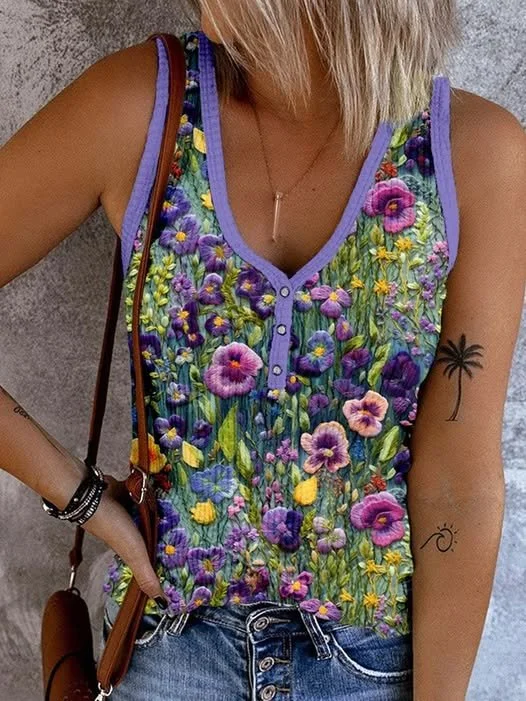 Top Débardeur Tops Décontracté Floral Été Col V Quotidien Sans Manches Régulier Trapèze Régulier pour Femmes
