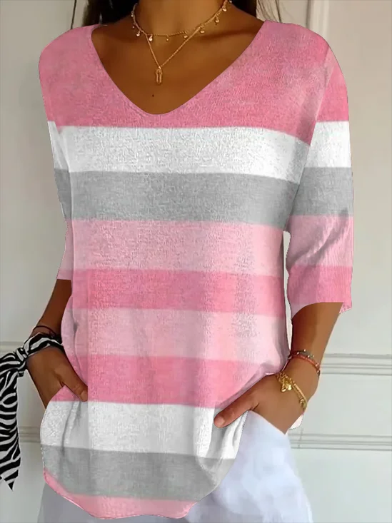 T-shirts Femmes Rayé Décontracté Printemps / Automne Polyester Col V Micro-élasticité Ample Ligne T Régulier