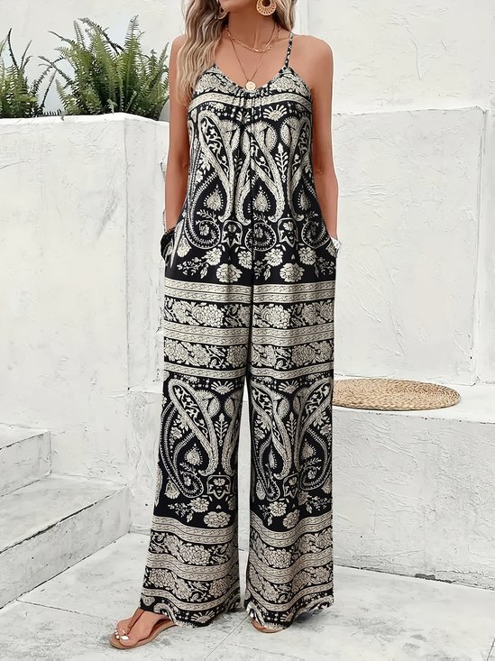 Pantalons Femmes Géométrique Rétro Printemps / Automne Polyester Quotidien Coupe Régulière Pantalons à Jambe Large Trapèze Régulier