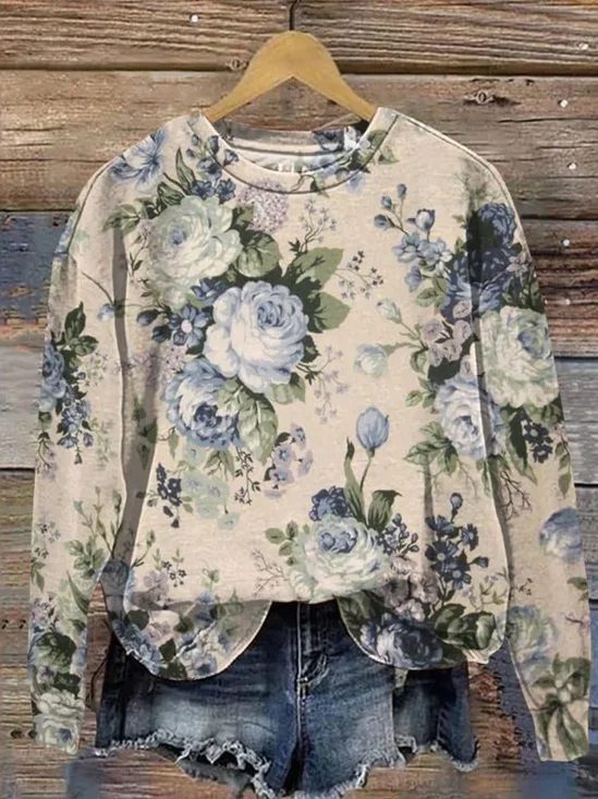 Sweat-shirts Décontracté Floral Printemps / Automne Polyester Imprimé Aucune élasticité Ample Manches Longues Col Rond pour Femmes