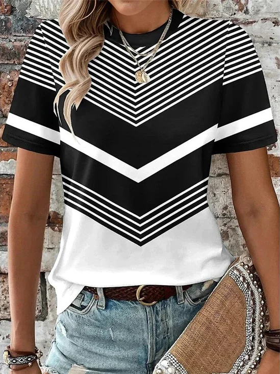 T-shirts Rayé Rétro Été Polyester Micro-élasticité Quotidien Coupe Régulière Manches Courtes Régulier pour Femmes
