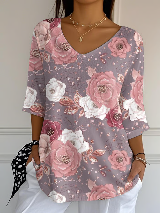 T-shirts Décontracté Floral Printemps / Automne Imprimé Quotidien Ample Manches trois quarts Régulier Régulier pour Femmes
