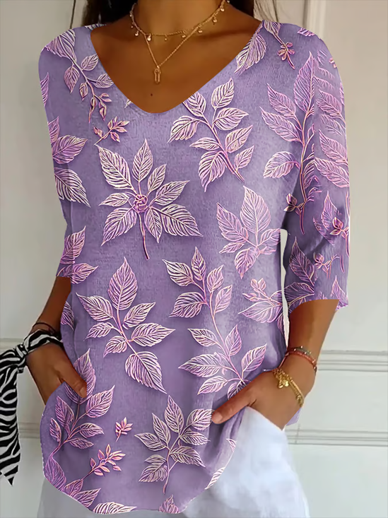 T-shirts Femmes Décontracté Floral Printemps / Automne Col V Imprimé Micro-élasticité Ample Manches trois quarts Ligne T