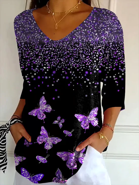 T-shirts Femmes Décontracté Printemps / Automne Papillon Polyester Imprimé Micro-élasticité Manches trois quarts Régulier Ligne T