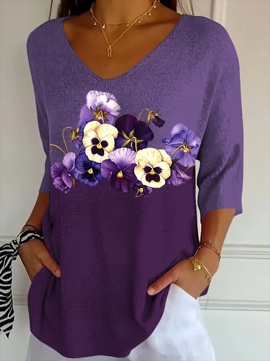 T-shirts Décontracté Floral Printemps / Automne Polyester Col V Micro-élasticité Quotidien Ample Manches trois quarts pour Femmes