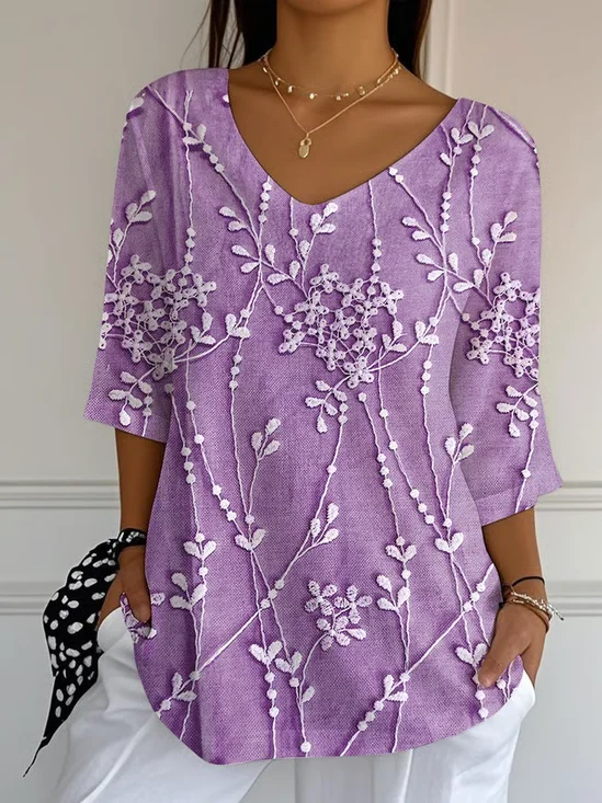 T-shirts Décontracté Floral Printemps / Automne Polyester Col V Micro-élasticité Manches trois quarts Régulier Ligne T pour Femmes