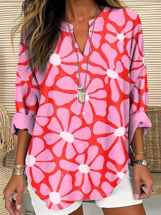 Blouses Décontracté Floral Printemps / Automne Col V Aucune élasticité Ample en Mélangé de Coton Régulier Régulier pour Femmes