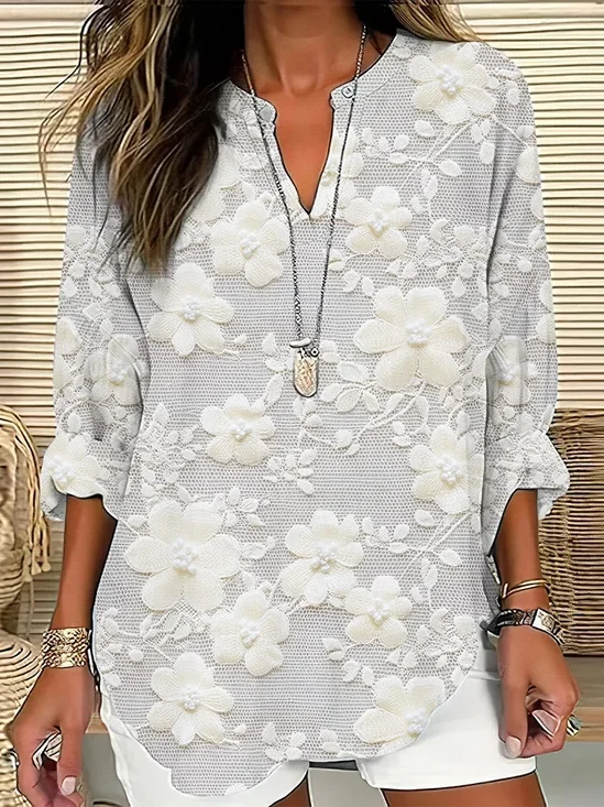 Blouses Décontracté Floral Printemps / Automne Col V Imprimé Quotidien Manches Longues en Mélangé de Coton Trapèze pour Femmes