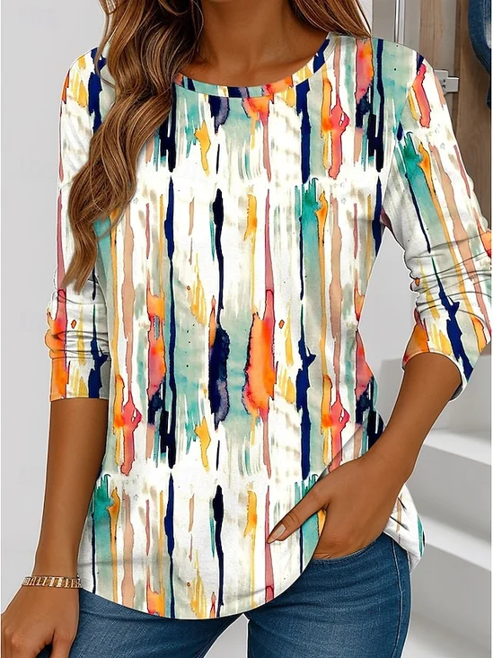 T-shirts Femmes Rayé Décontracté Printemps / Automne Micro-élasticité Quotidien Coupe Régulière Manches Longues Col Rond Trapèze