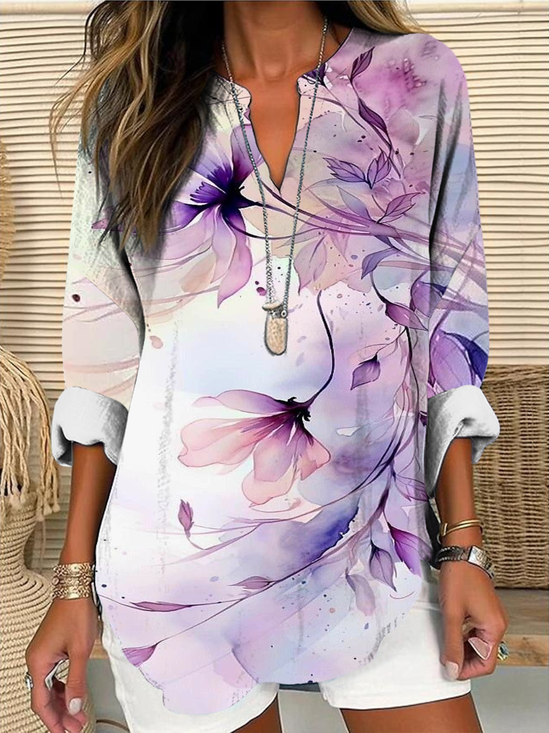 Blouses Femmes Élégant Floral Été Polyester Aucune élasticité Ample Col Châle Droit Régulier