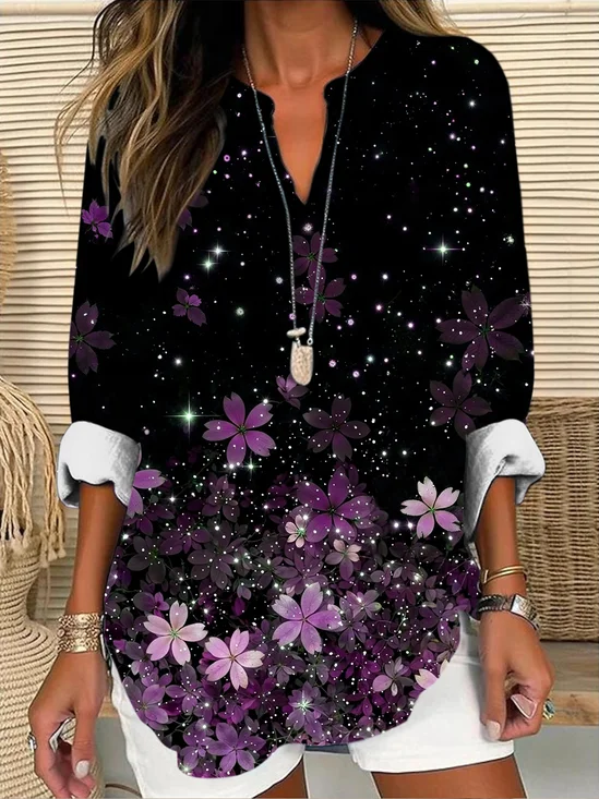 Blouses Élégant Floral Été Coton Quotidien Ample Demi Manche Col Châle Régulier pour Femmes