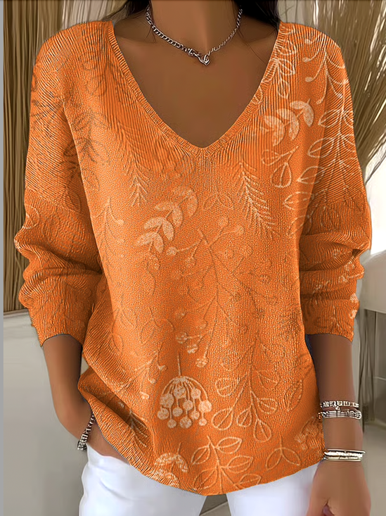 Pulls Femmes Décontracté Floral Printemps / Automne Coton Col V Micro-élasticité Manches Longues Régulier Régulier