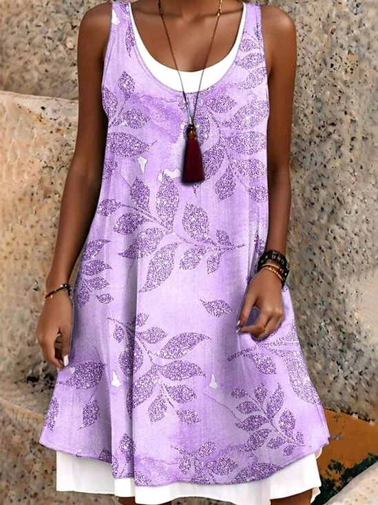 Femmes Floral Bleu Col Rond Confortable Robe Mi-Longue Décontracté