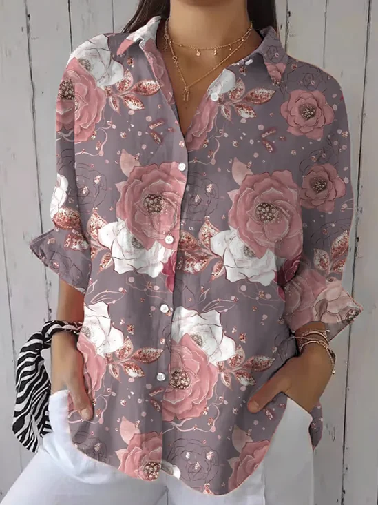 Chemises Décontracté Floral Printemps / Automne Aucune élasticité Quotidien Ample Manches trois quarts Droit Régulier pour Femmes