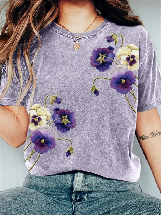 T-shirts Femmes Décontracté Floral Été Coton Micro-élasticité Coupe Régulière Manches Courtes Régulier Régulier