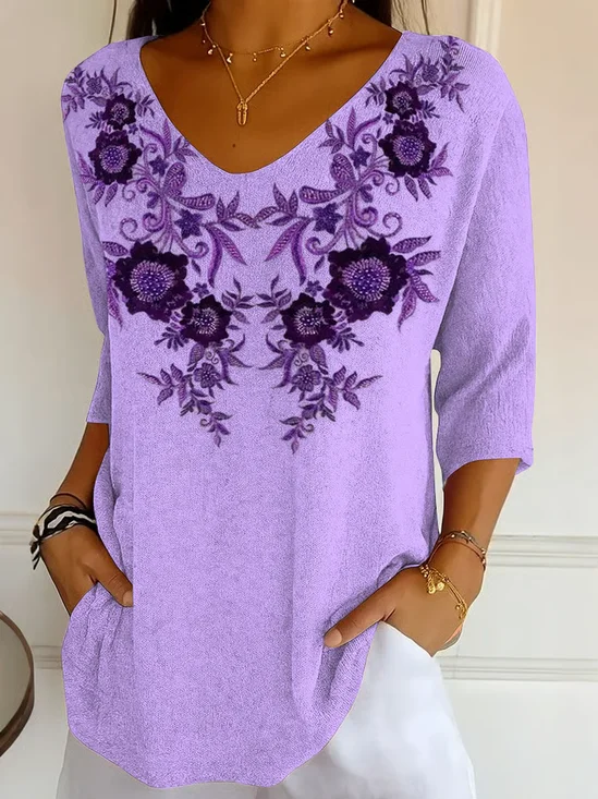 T-shirts Décontracté Floral Printemps / Automne Quotidien Ample Manches trois quarts Régulier Ligne T Régulier pour Femmes