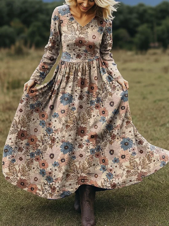 Femmes Floral Couleur 1 Col V Confortable Robe Maxi Rétro