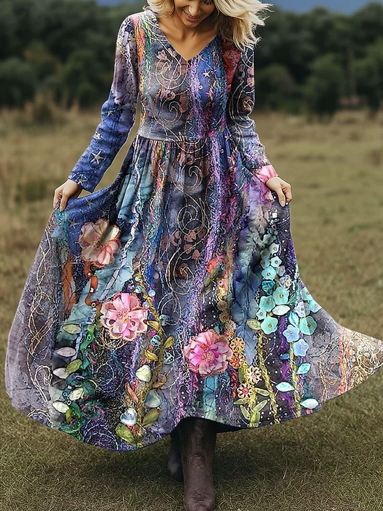Femmes Floral Couleur 1 Col V Confortable Robe Maxi Rétro