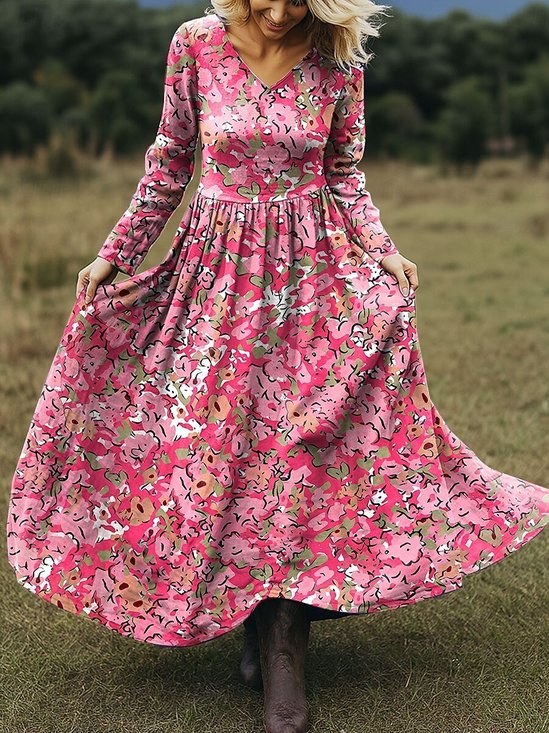 Femmes Floral Couleur 1 Col V Confortable Robe Maxi Rétro