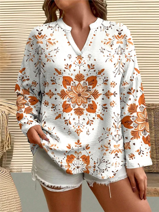 T-shirts Femmes Décontracté Floral Printemps / Automne Coton Col V Micro-élasticité Quotidien Régulier Trapèze
