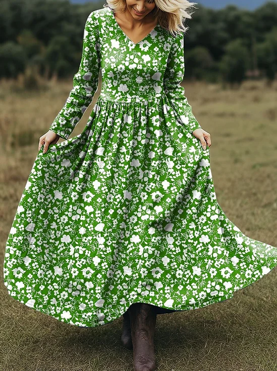 Femmes Floral Bleu Col V Confortable Robe Maxi Rétro