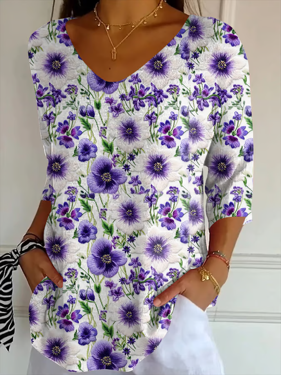 T-shirts Femmes Décontracté Floral Printemps / Automne Polyester Micro-élasticité Ample Manches trois quarts Ligne T Régulier