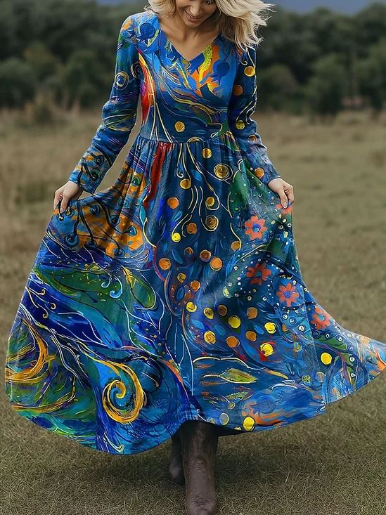 Femmes Floral Couleur 1 Col V Confortable Robe Maxi Rétro