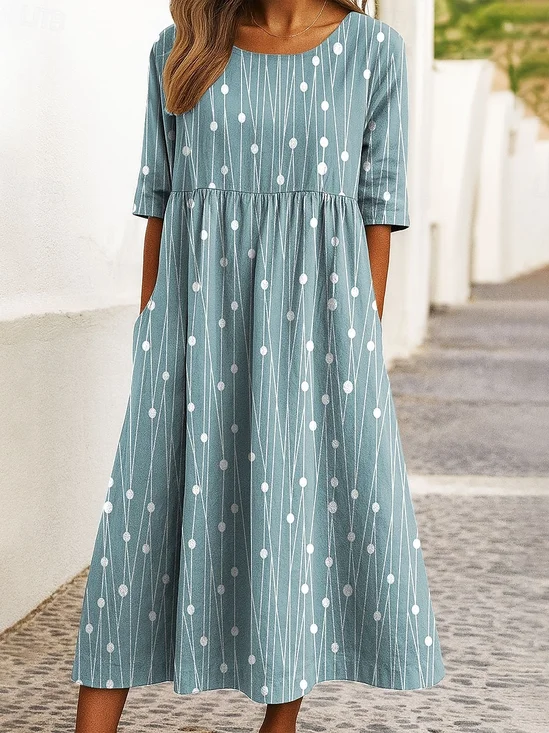 Femmes Rayé Vert Col Rond Confortable Robe Maxi Rétro