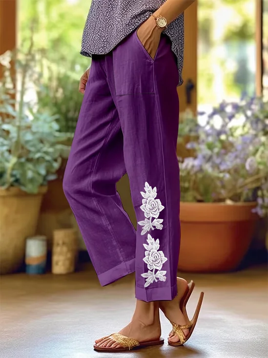 Pantalons Femmes Décontracté Floral Printemps / Automne Naturel Ample Long Droit Régulier Pantalon baggy