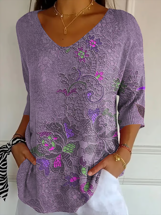 T-shirts Décontracté Floral Printemps / Automne Col V Imprimé Micro-élasticité Manches trois quarts Régulier Ligne T pour Femmes