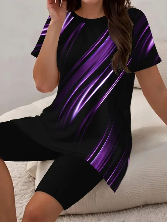 Deux Pièces Ensembles Décontracté Polyester d'été abstrait Naturel Micro-élasticité Quotidien Manches Courtes Col Rond pour Femmes
