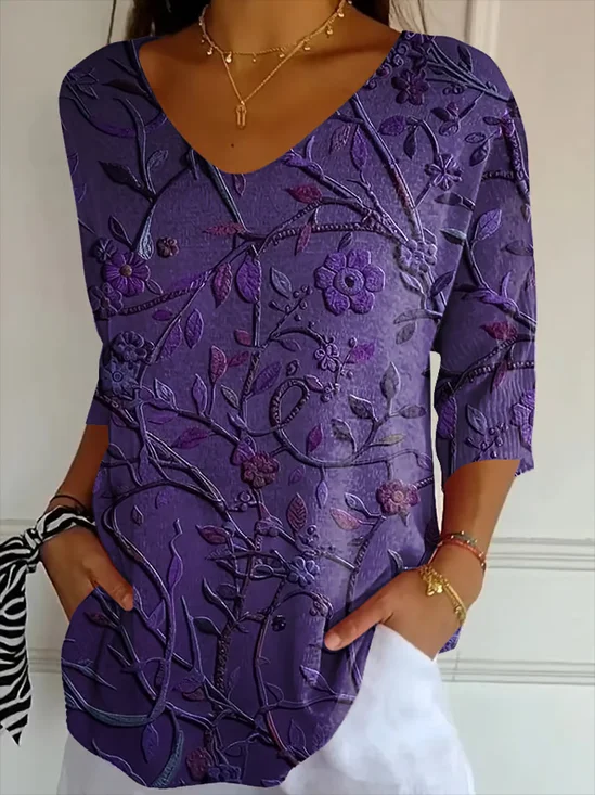 T-shirts Décontracté Floral Printemps / Automne Polyester Col V Quotidien Ample Manches trois quarts Régulier pour Femmes