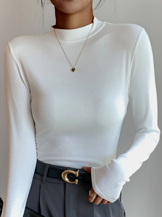 T-shirts Femmes Plain Printemps / Automne Simple Léger Respirable Régulier Droit Élasticité moyenne Faux Col