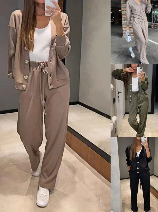 Deux Pièces Ensembles Femmes Simple Plain Printemps / Automne Boucle Naturel Ample Manches Longues Col Rond Top Avec Pantalons