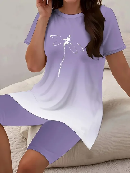 Deux Pièces Ensembles Femmes Simple Été Libellule Polyester Naturel Micro-élasticité Quotidien Coupe Régulière Top Avec Pantalons