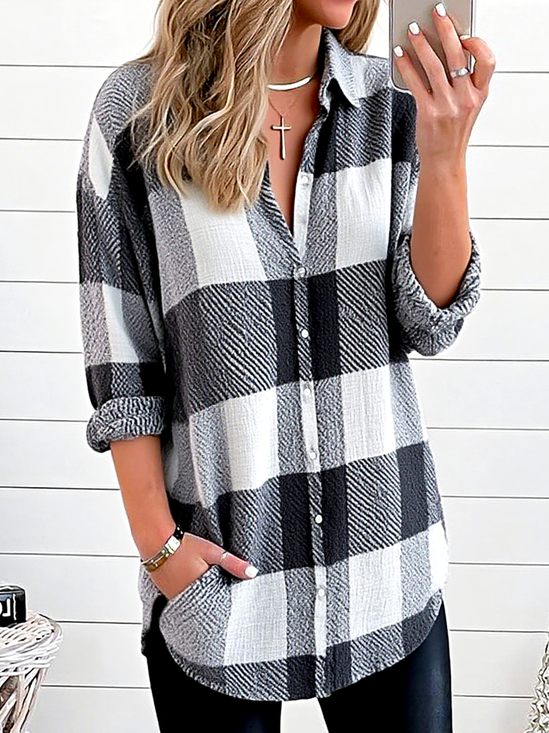 Chemises Décontracté Printemps / Automne Plaid Polyester Manches Longues Régulier Droit Col de Chemise T.-N.-L. pour Femmes