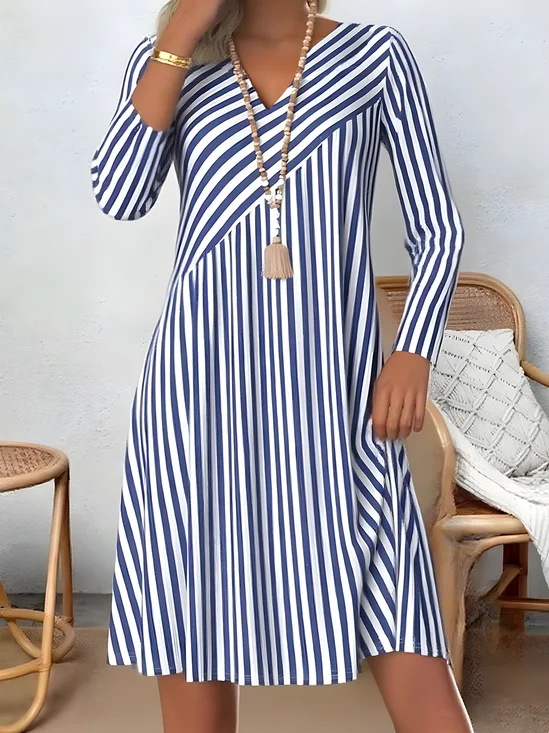 Femmes Rayé Bleu Col V Confortable Imprimé Robe Mi-Longue Rétro