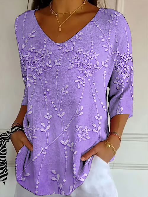 T-shirts Femmes Décontracté Floral Printemps / Automne Polyester Imprimé Micro-élasticité Quotidien Manches trois quarts Régulier