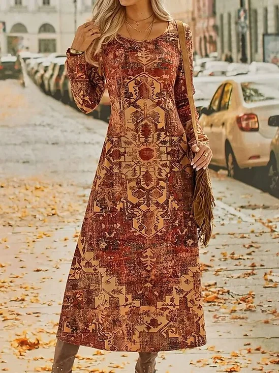 Femmes Ethnique Comme Image Col Rond Confortable Robe Maxi Décontracté