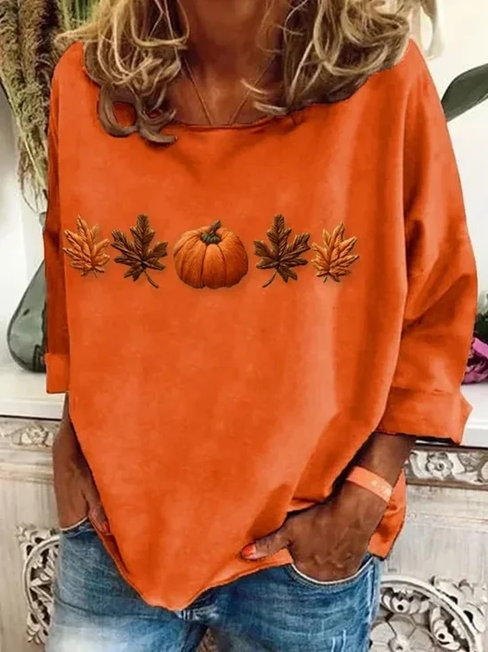 T-shirts Décontracté Printemps / Automne Toussaint (citrouille) Polyester Micro-élasticité Ample Manches Longues Droit Régulier pour Femmes