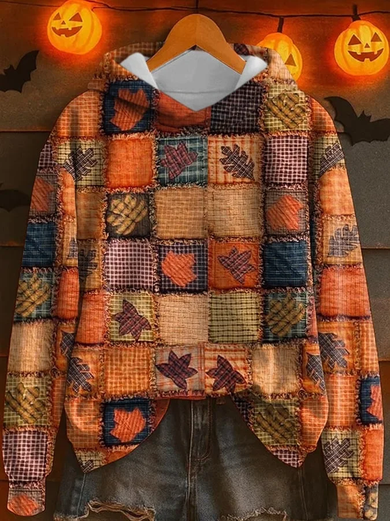 à Capuche Décontracté Printemps / Automne Feuille d'Érable Coton Sweat-shirt à Capuche Ample Manches Longues Régulier Droit pour Femmes